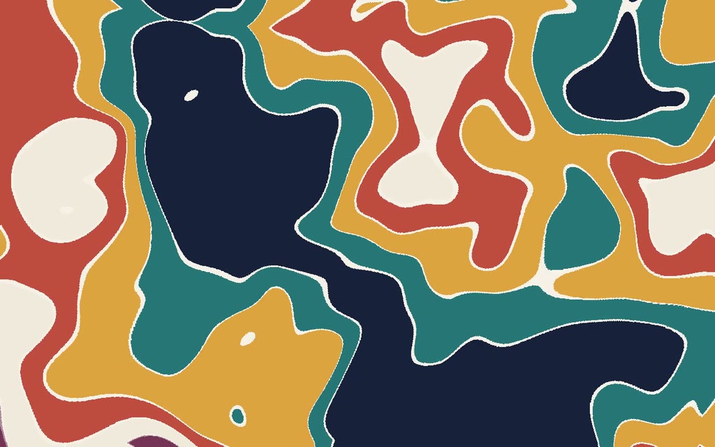 Warped noise in five flat colors with thin cream lines between them, drifting slowly