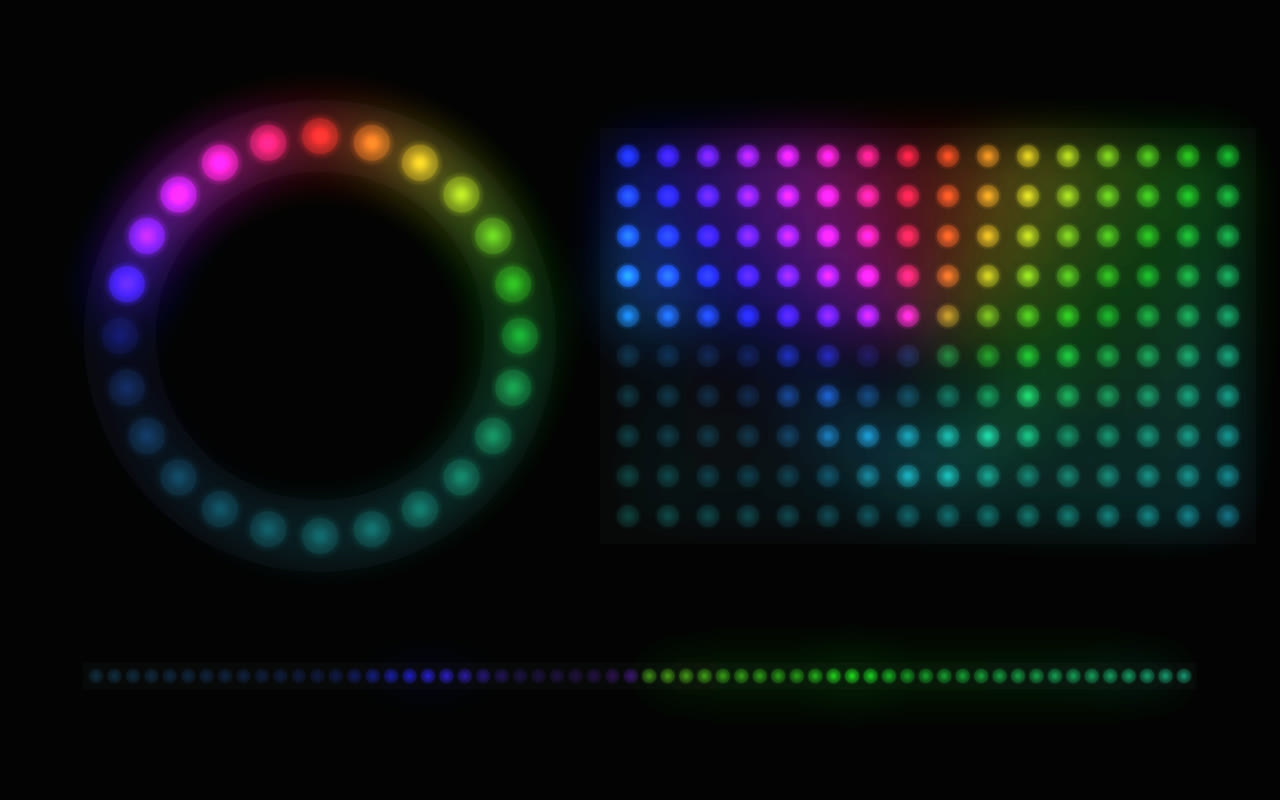 A ring of 24 lights, a panel of 160 and a strip of 60, all glowing with one moving rainbow pattern