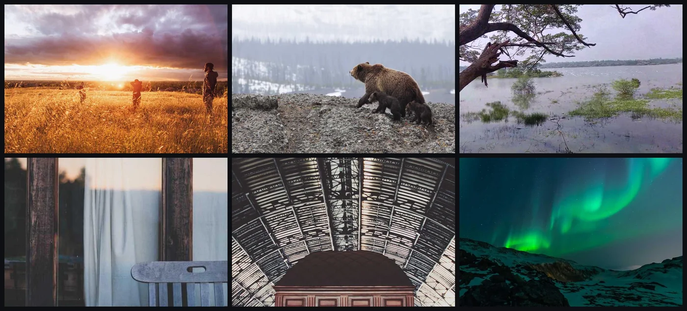 six photos as shot: a sunset field, a bear, a lake, a window, a station roof and the northern lights