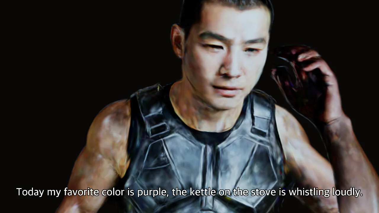 The scanned man on a dark background with a line of caption text across the bottom