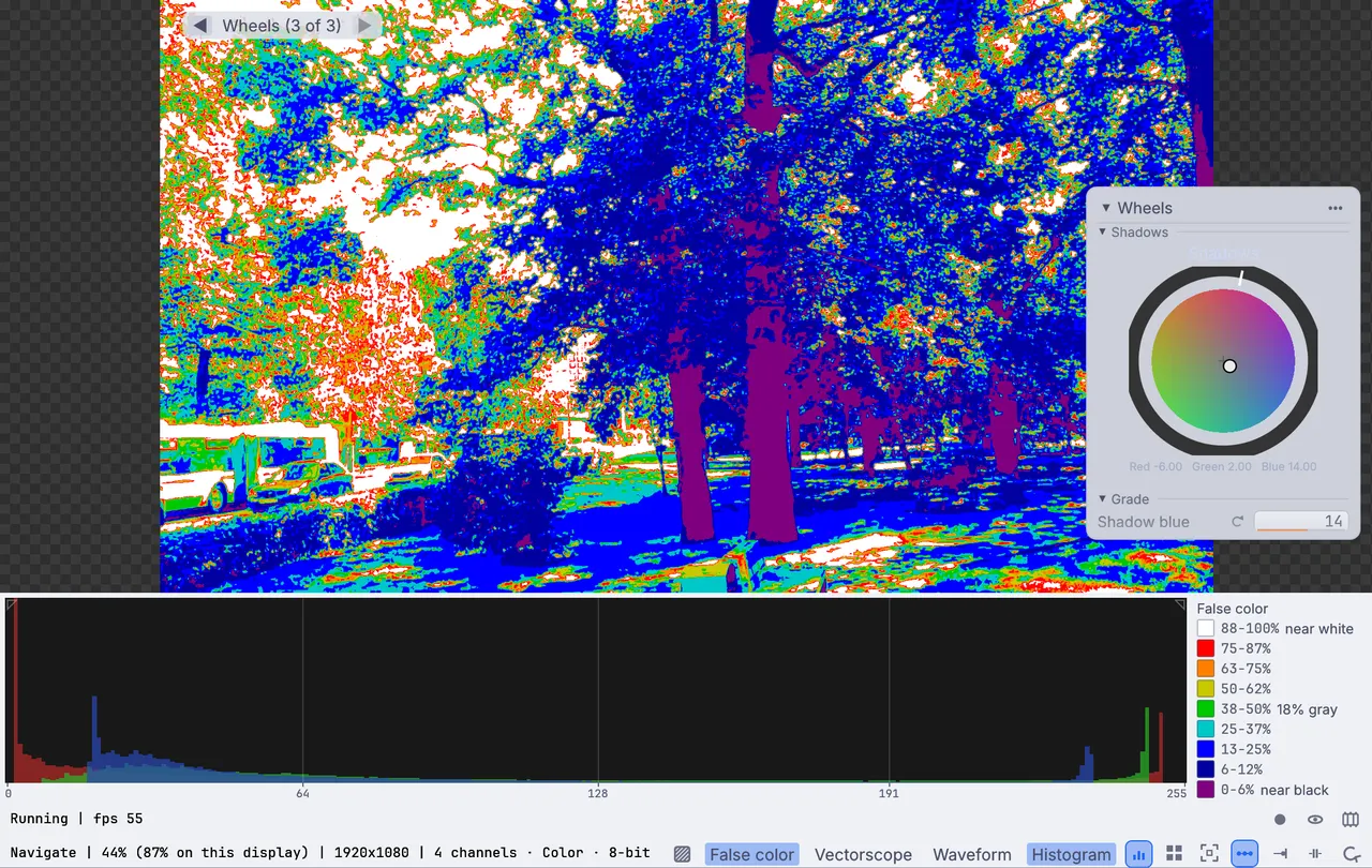 false color on the park walk, with its legend from near black to near white