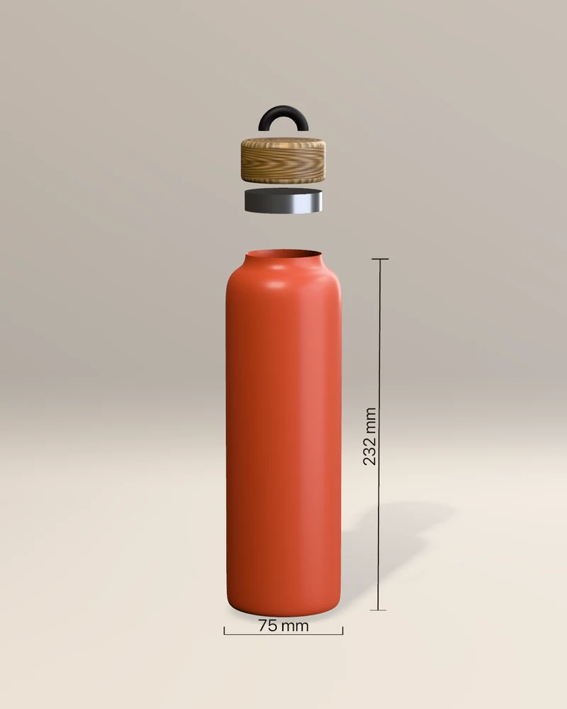 The same bottle pulled apart into body, steel neck, cap and loop, with dimension lines reading 232 mm and 75 mm