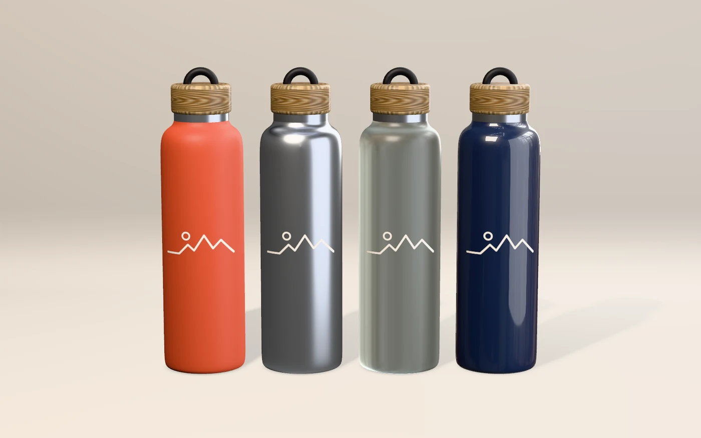 Four copies of the bottle side by side: terracotta powder coat, polished steel, frosted glass and gloss navy lacquer