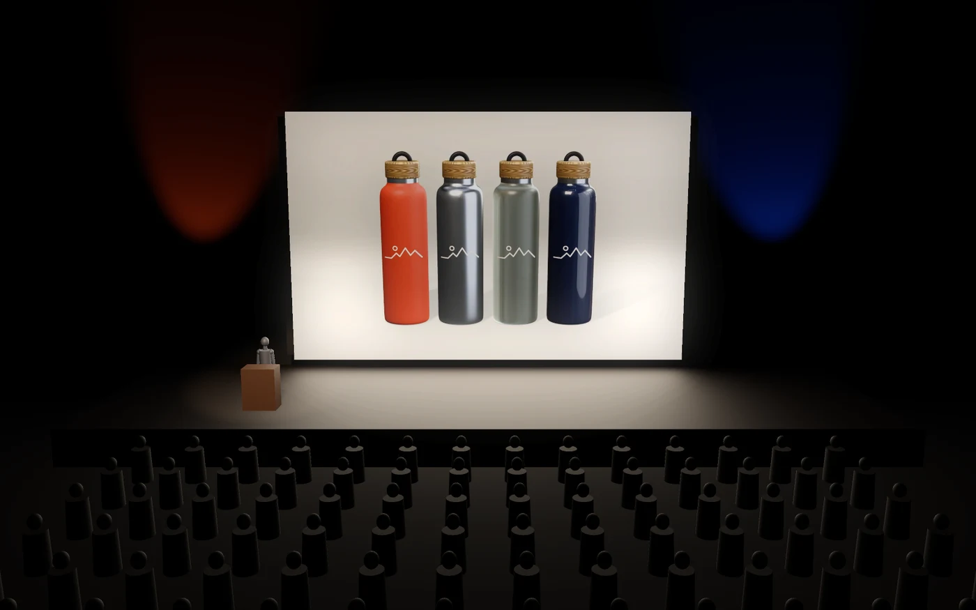 A keynote hall seen from the back of a full house, a presenter at a lectern and the four bottles on the big screen