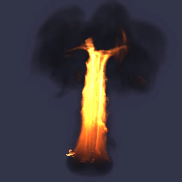 a shape on fire, its smoke mushrooming at the top