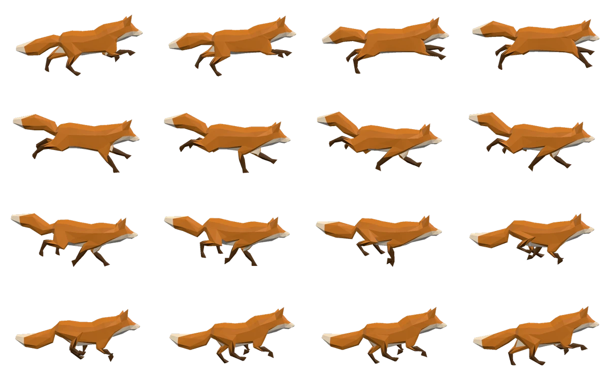A sprite sheet of a fox running: sixteen frames of one stride, four by four, on a clear background