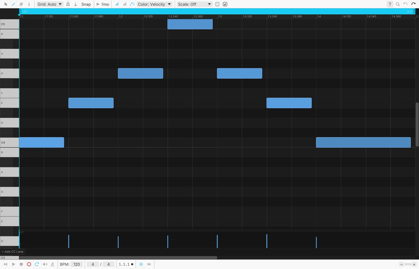 a melody written in the piano roll