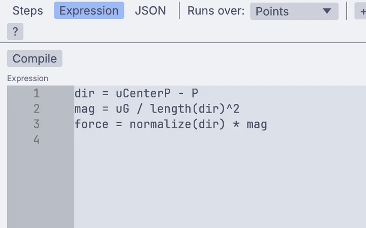 The Math editor running over points: dir, mag and force written as three lines