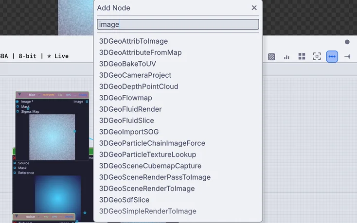 The Add Node menu open on the canvas, filtered as you type