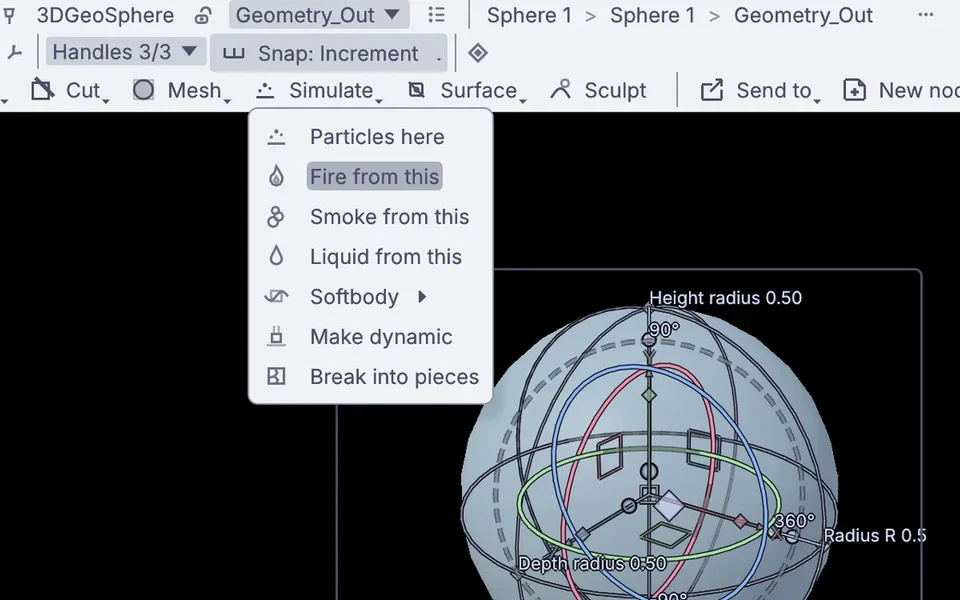 The viewport Simulate menu: Particles here, Fire from this, Smoke from this, Liquid from this, Softbody, Make dynamic, Break into pieces
