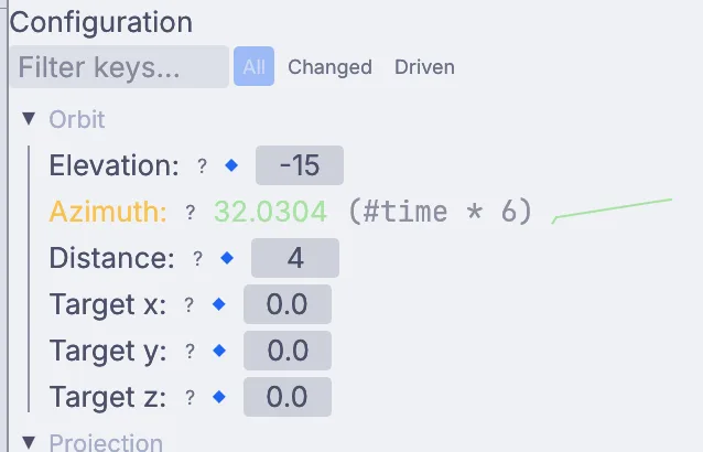 The camera's Orbit settings, with Elevation.