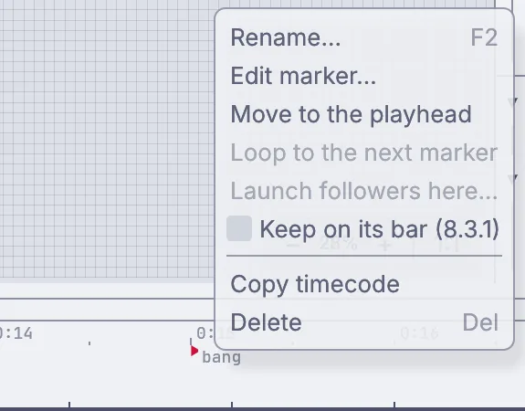 The menu of the bang flag on the timeline: Rename, Edit marker, Move to the playhead, Copy timecode and Delete.