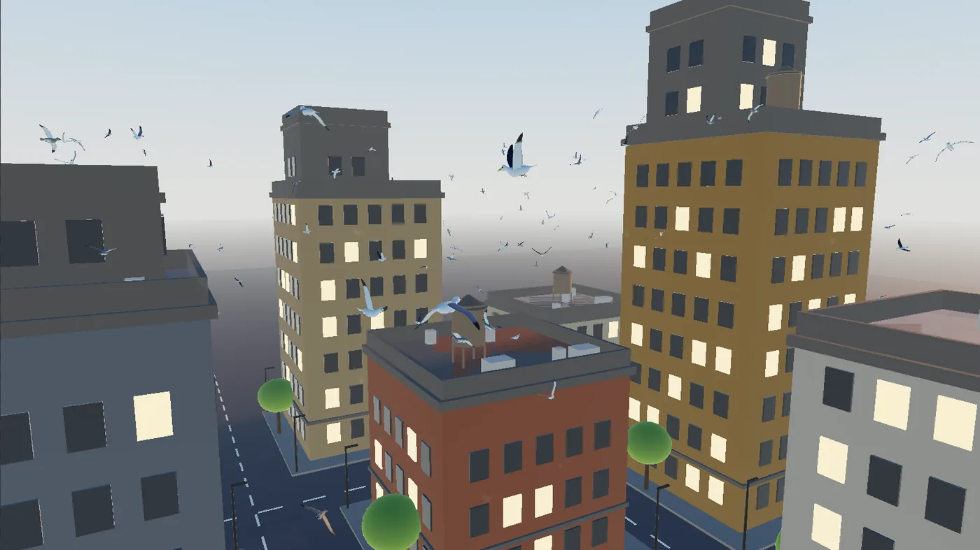 Gulls bursting off the roofs of the city block a moment after the bang, the nearest ones wide winged against the haze.