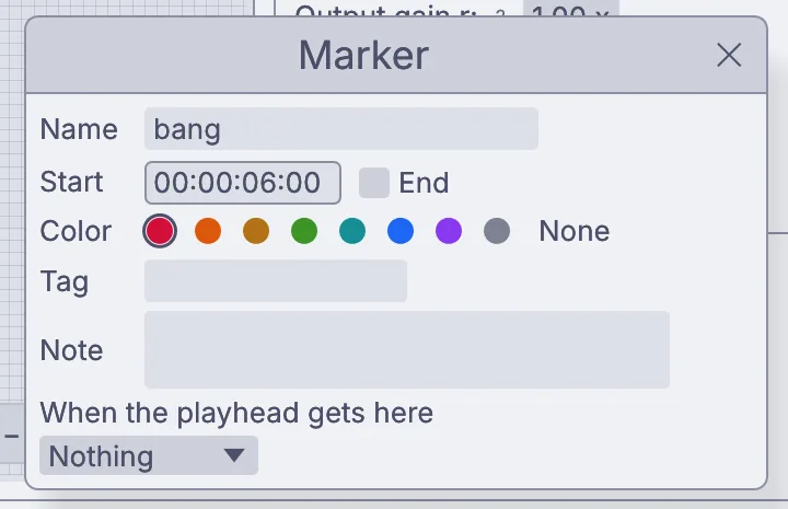 The Marker window for bang, its Start set to 00:00:06:00.