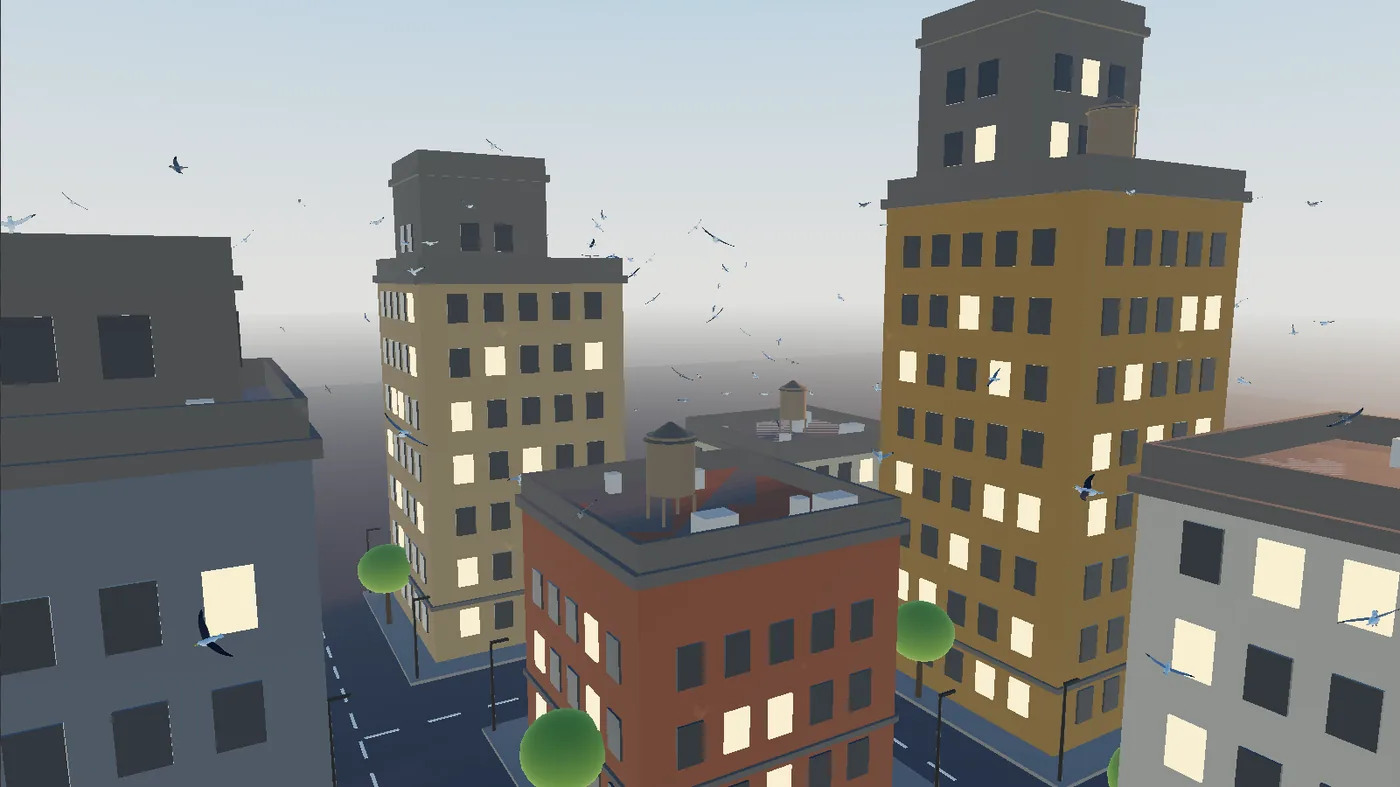 The demo as it plays: gulls circling a block of towers in the evening haze.