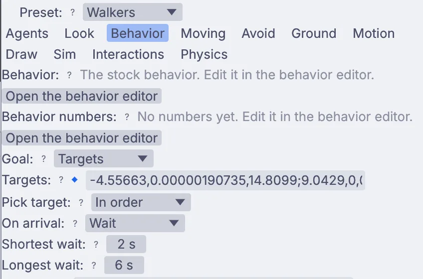 The Behavior tab in Properties with Goal on Targets, Pick target on In order, On arrival on Wait, and the two waits at 2 s and 6 s.