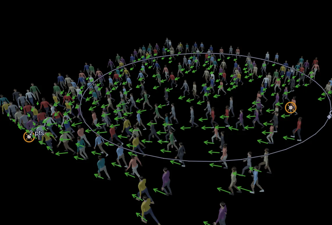 Your plaza in the viewport: a stream of people heading for the far target, each with a green arrow for the way they face.