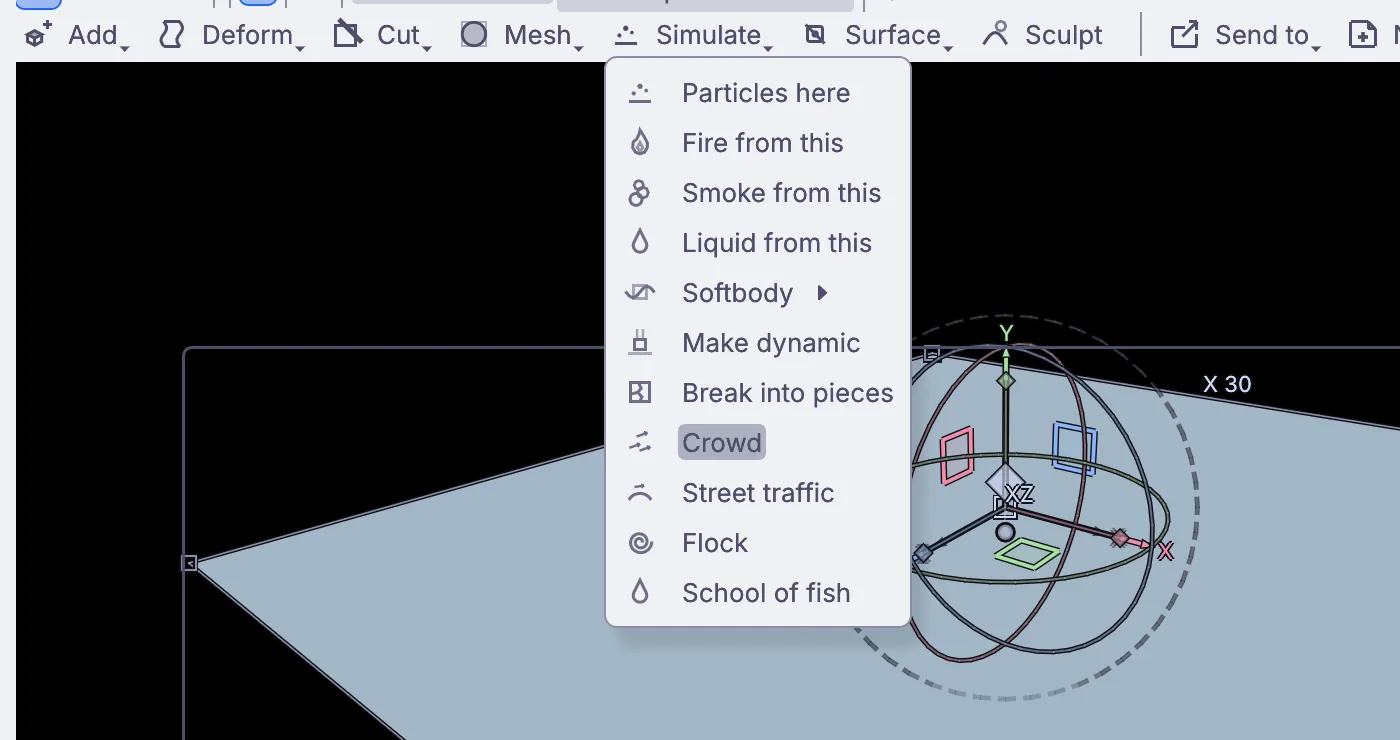 The Simulate menu over the grid, with Crowd below the liquid and break apart choices, and Street traffic, Flock and School of fish under it.