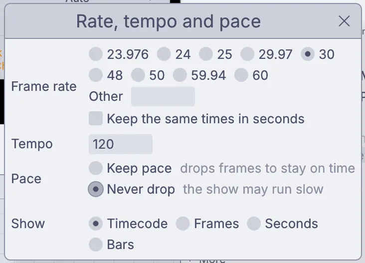 The Rate, tempo and pace window with Pace set to Never drop.