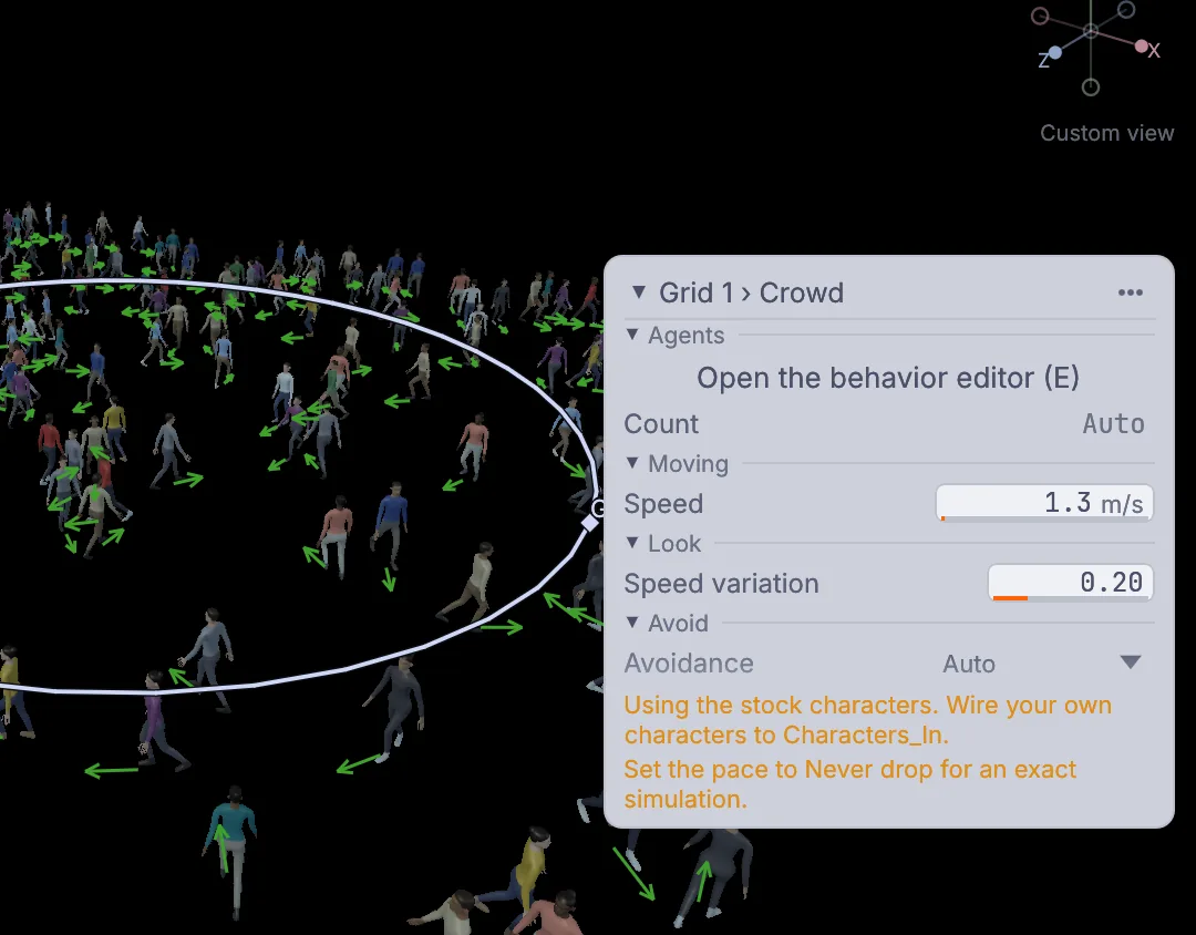 Two hundred people wandering the grid, with the crowd's card on the right and its note asking for Never drop.