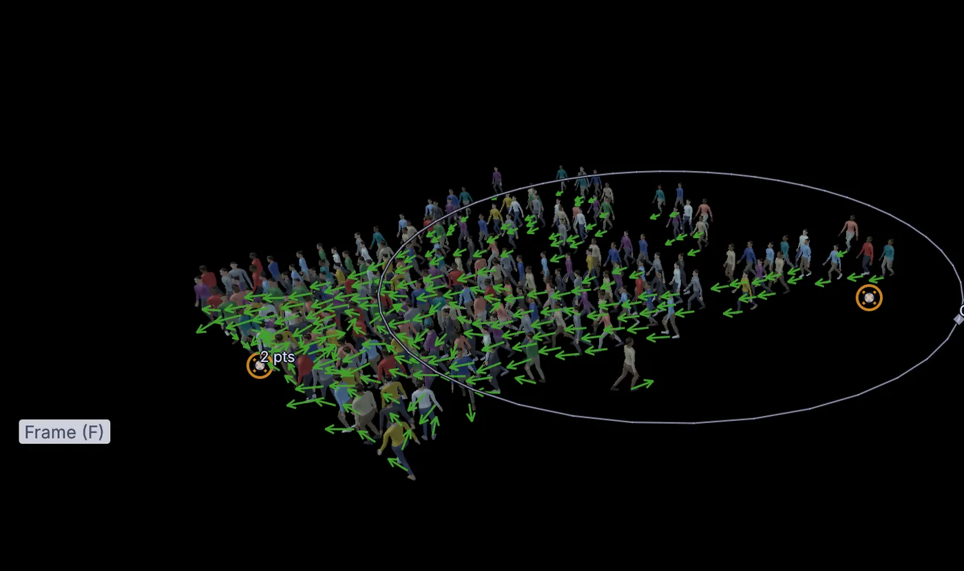 The crowd streaming toward the two orange target rings you clicked.