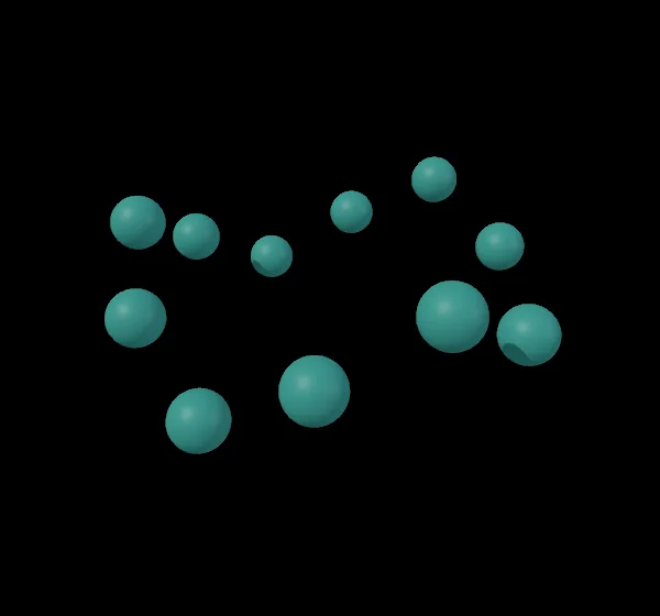 Twelve spheres around a wavy ring, every one of them placed by the script.