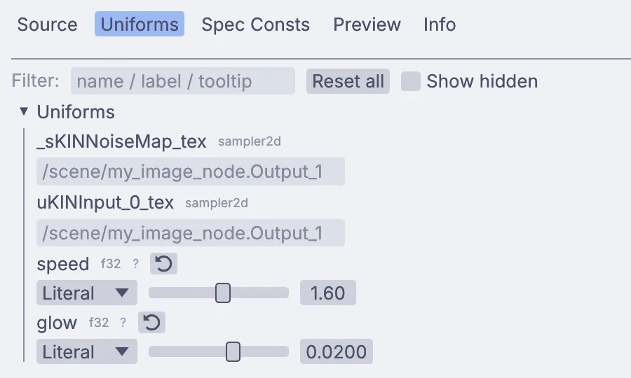 The Uniforms tab: speed and glow, each with a slider