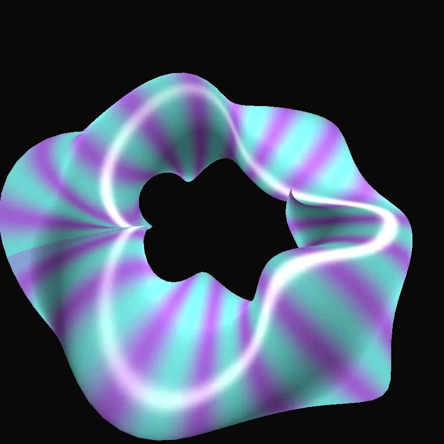 The Twisted Torus after three changed lines: teal and violet, with three times as many stripes.