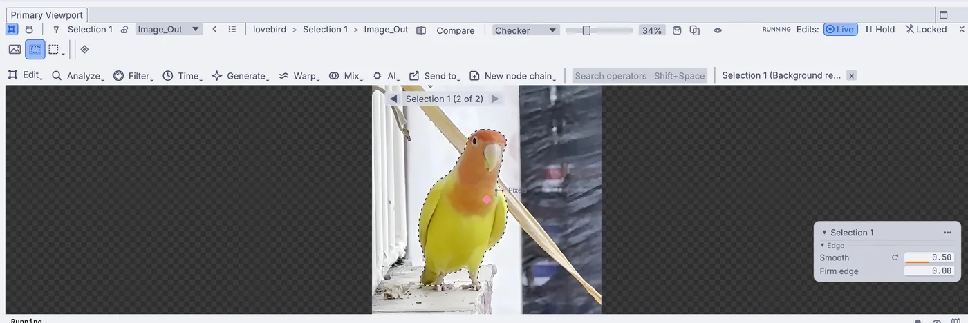 Marching ants around the lovebird after AI > Subject. The stalk behind it stays out.