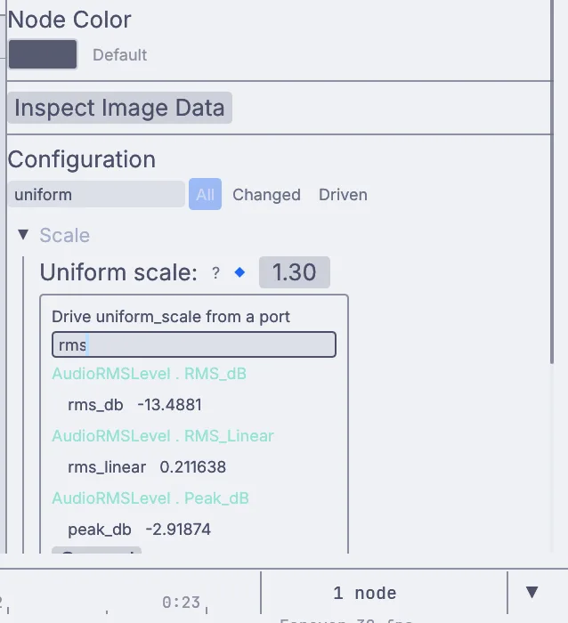 A shader's scale setting being driven by the loudness of a song, picked from a list of the music's live values