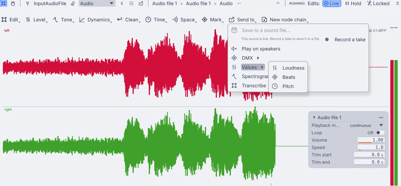 Send to open on the song, with Values pointed at and Loudness, Beats and Pitch in the submenu.