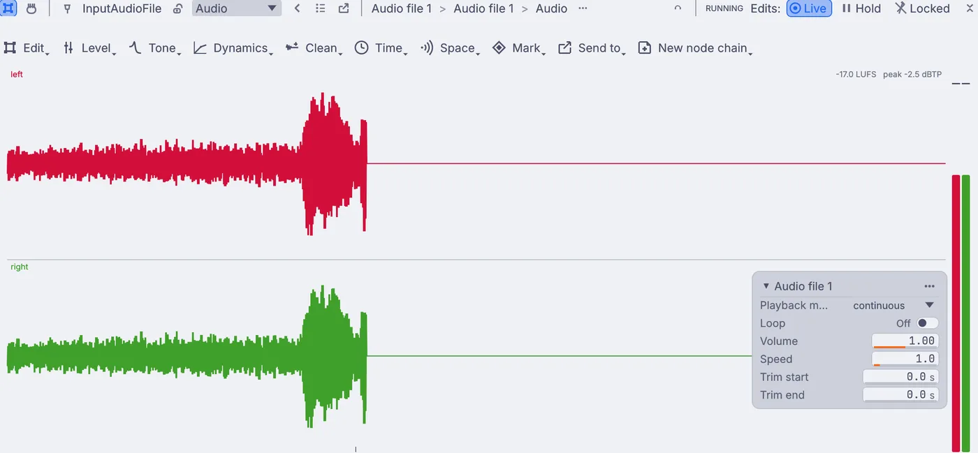 A song in the viewport, its left channel in red and its right in green, with the Send to menu along the top of the viewport.
