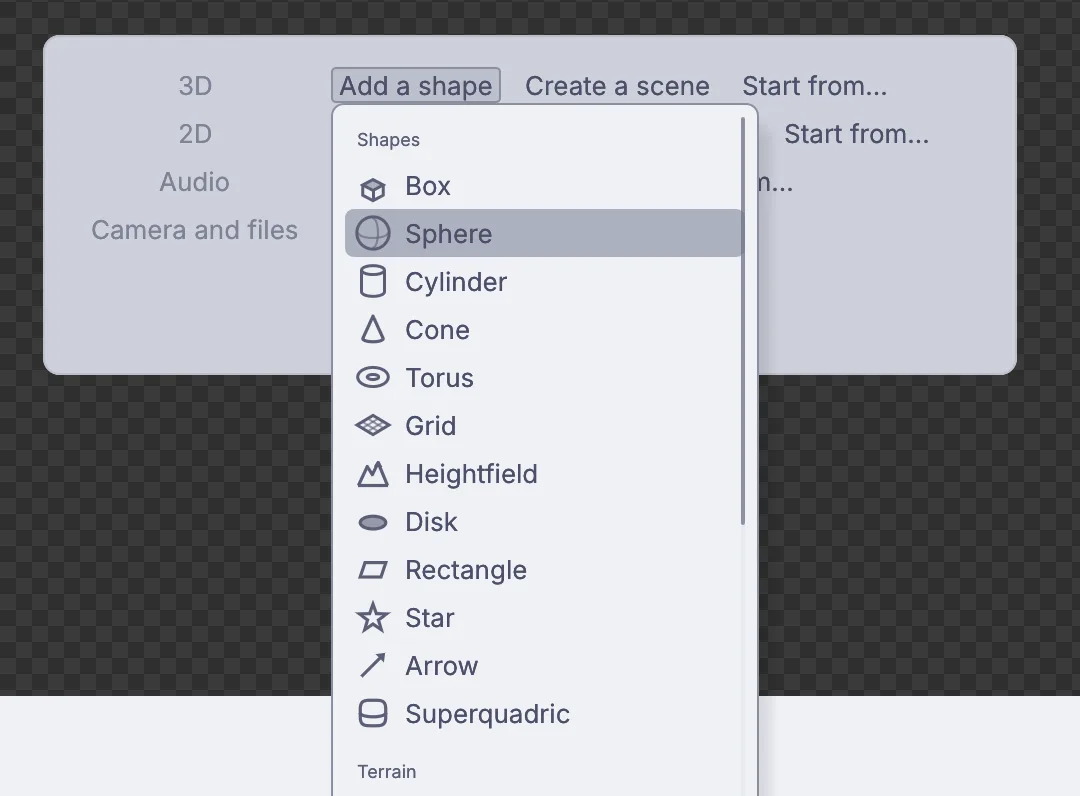 Add a shape lists every shape you can start from.