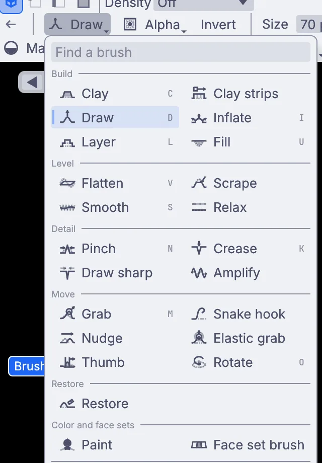 The brush list. Snake hook sits under Move; Paint is at the bottom.
