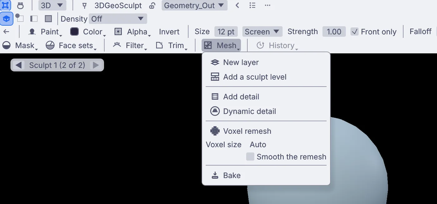 The Mesh menu, with Dynamic detail.