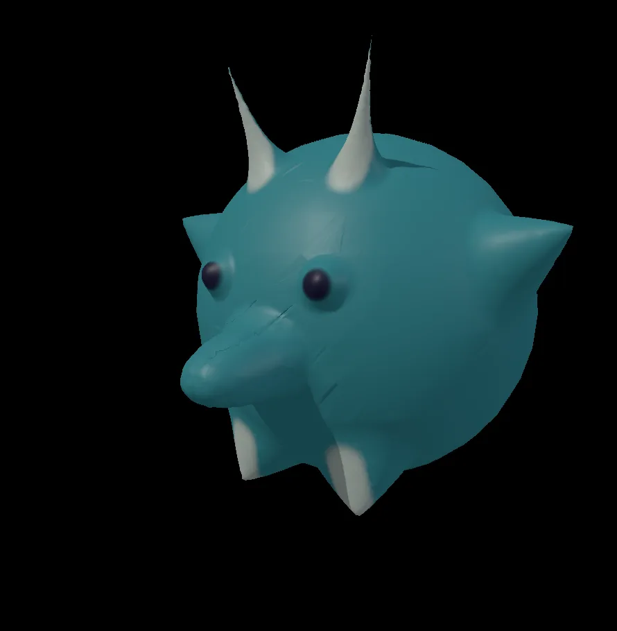 The finished creature: teal, with cream horns and feet, dark eyes and a snout.