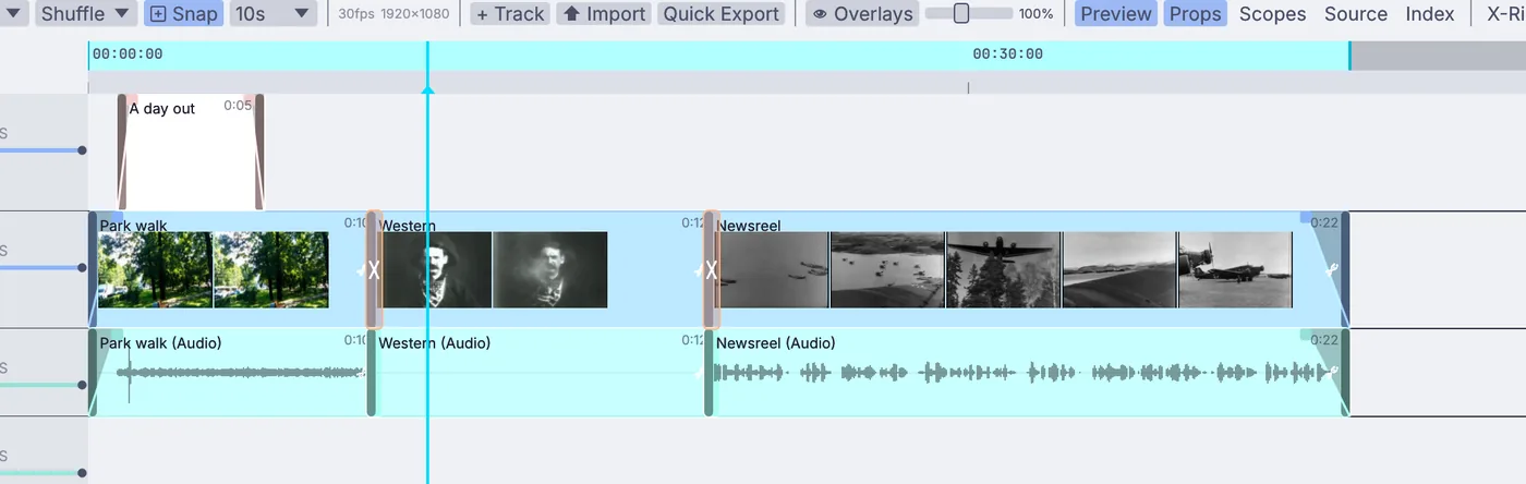 Three clips on the video timeline with dissolves between them, a title above and the picture at the top right.