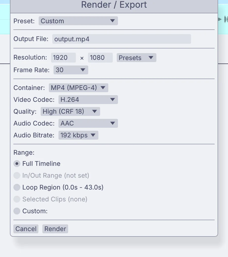 the Render dialog: size, frame rate, codec, quality and the range to render