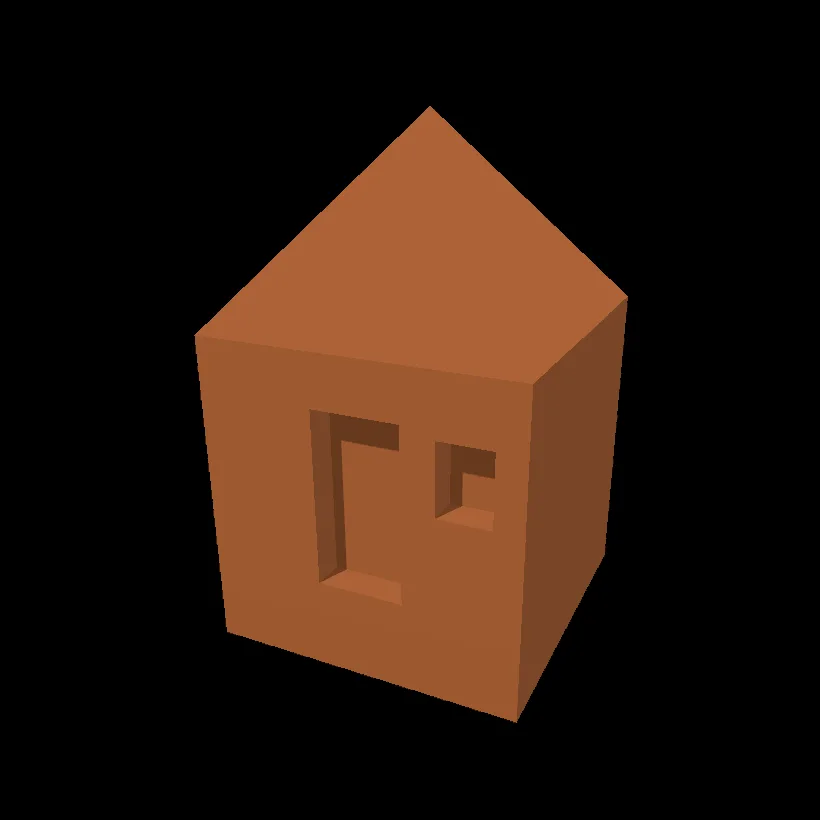The finished hut: terracotta walls, a pointed roof, a door and a window.