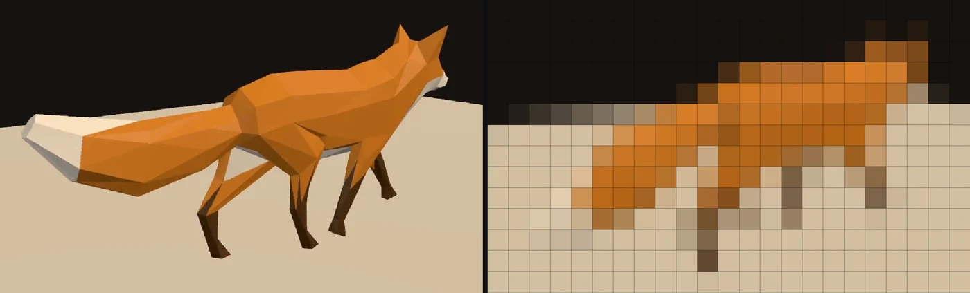 A walking fox in the video, and the same fox up close on the 32 by 18 LED panel, each light the color of the picture under it.