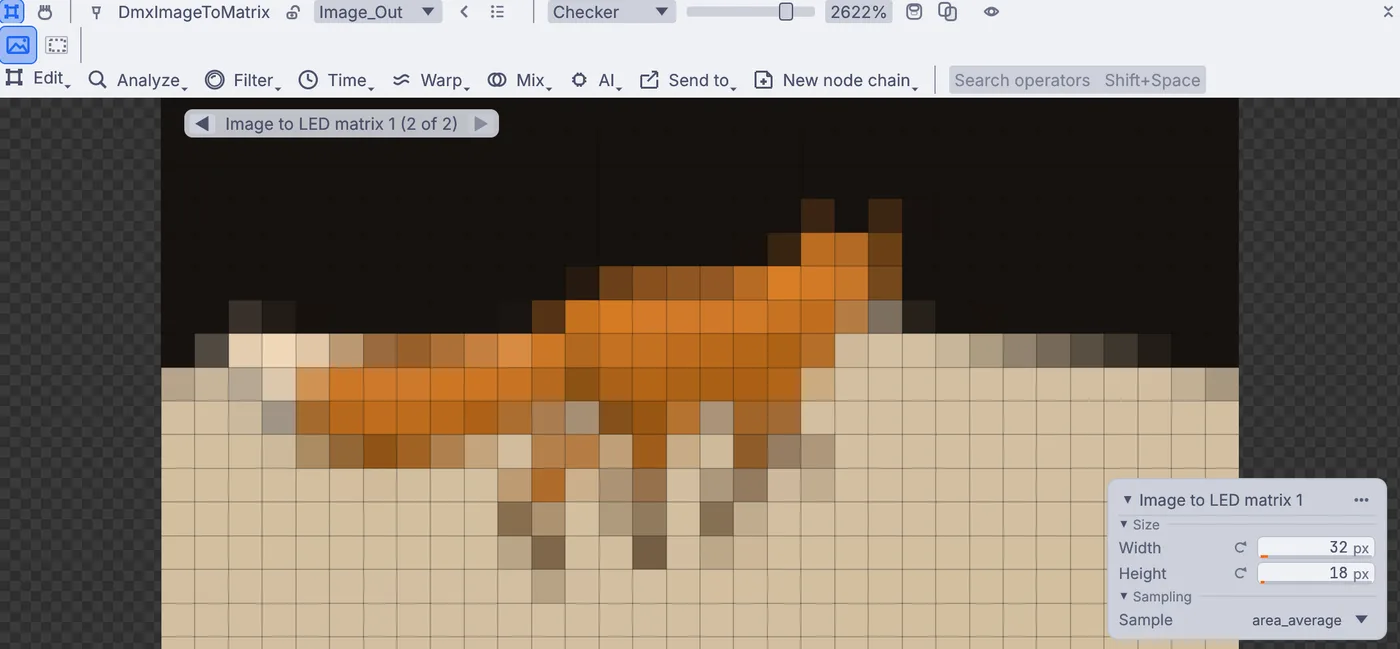 A walking fox shrunk to a 32 by 18 grid of lights, with Width and Height on the card beside it