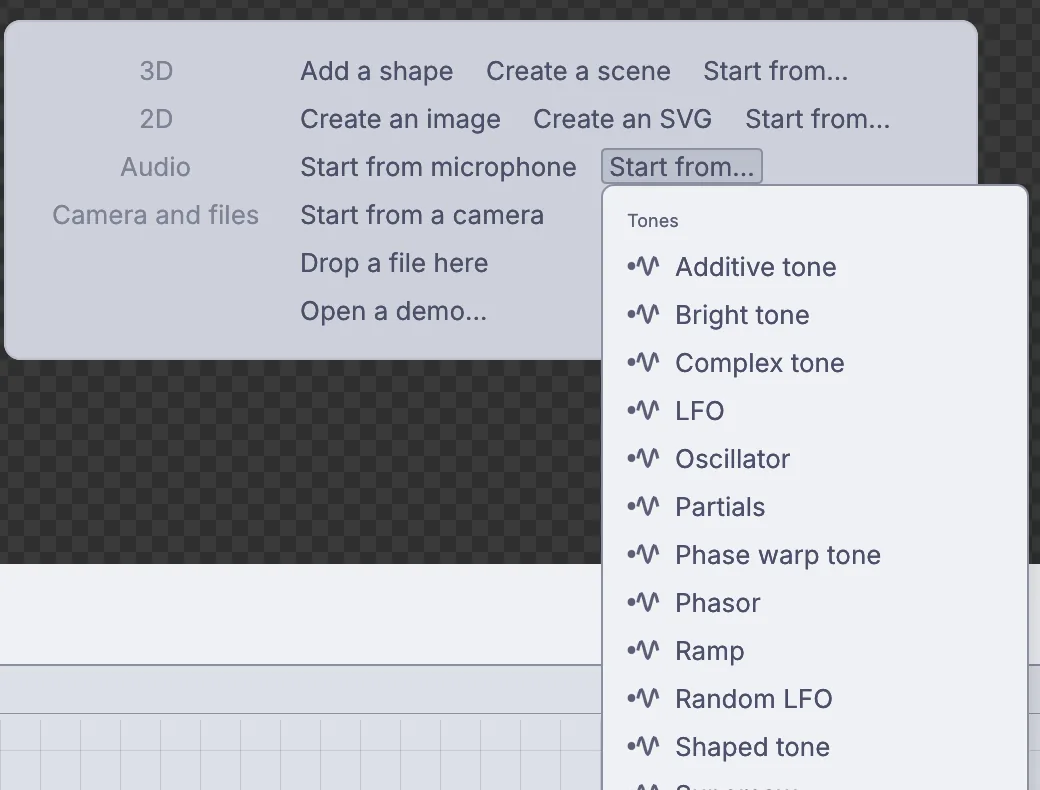 Start from... under Audio lists tones to start from, Oscillator among them.