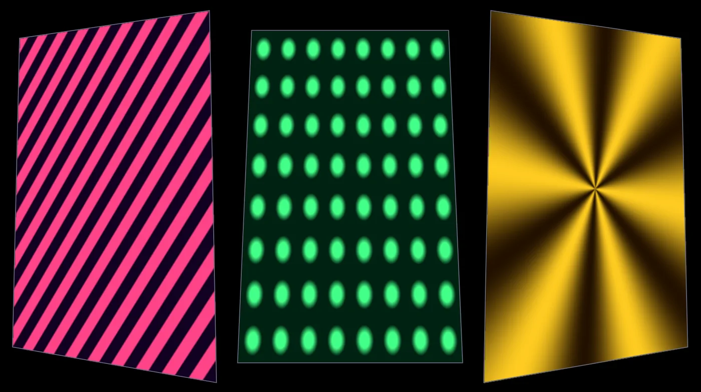 Stripes, dots and a spinning star, each bent onto its own tilted panel.