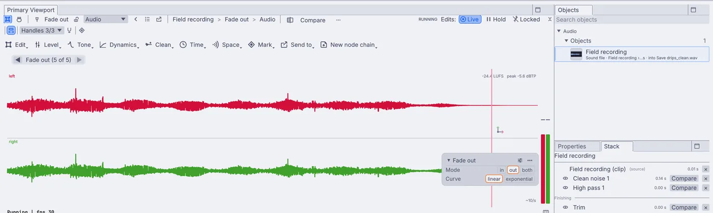 A field recording of water drips after the clean-up, with each edit listed in the Stack.