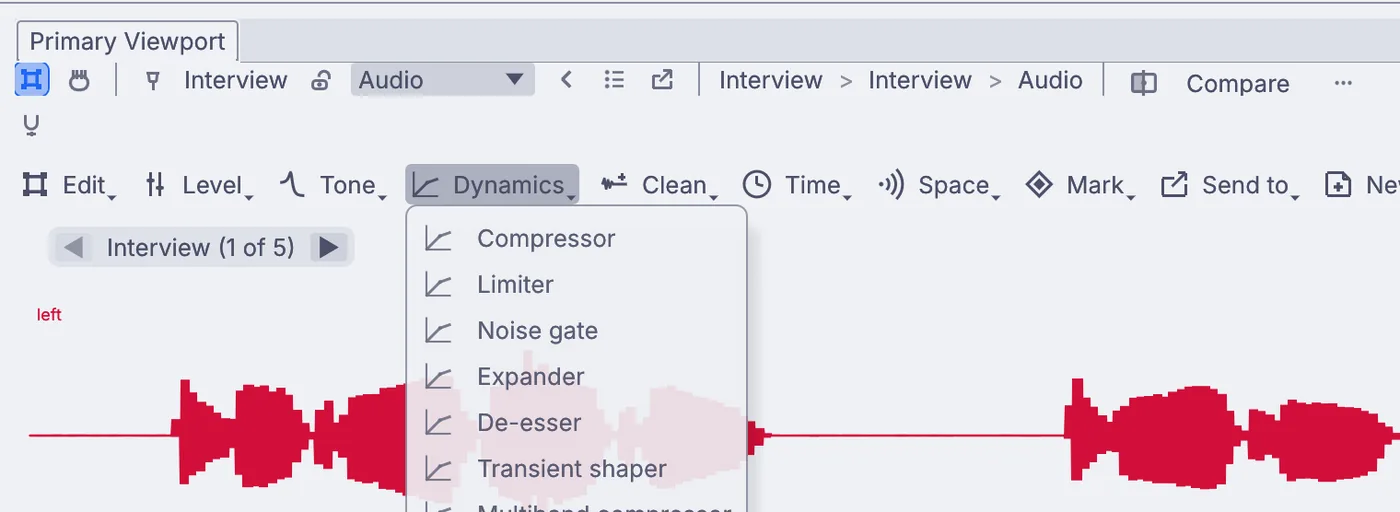 The Dynamics menu: Compressor, Limiter, Noise gate, Expander, De-esser and more.
