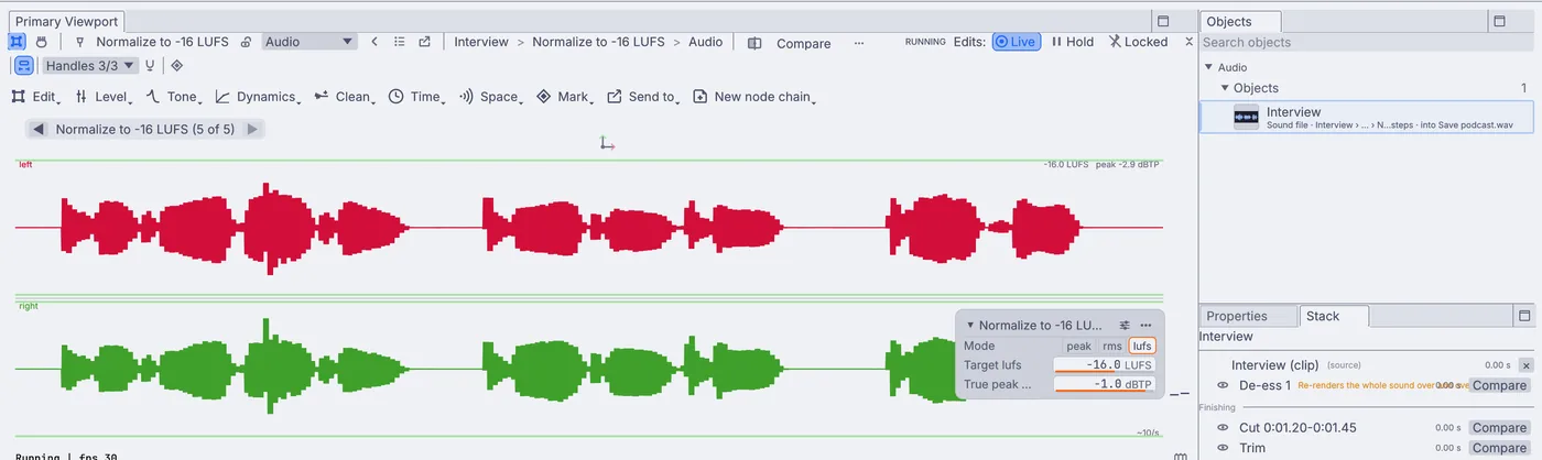 A voice recording after the tidy: a cut, a trim and Normalize to -16 LUFS in the Stack.