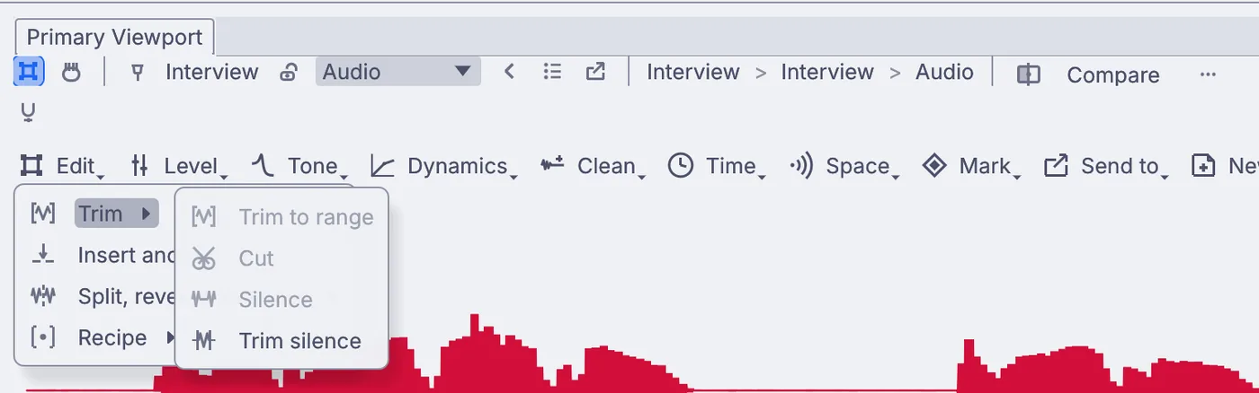 Edit > Trim. Trim to range, Cut and Silence wait for a range; Trim silence works on the whole sound.