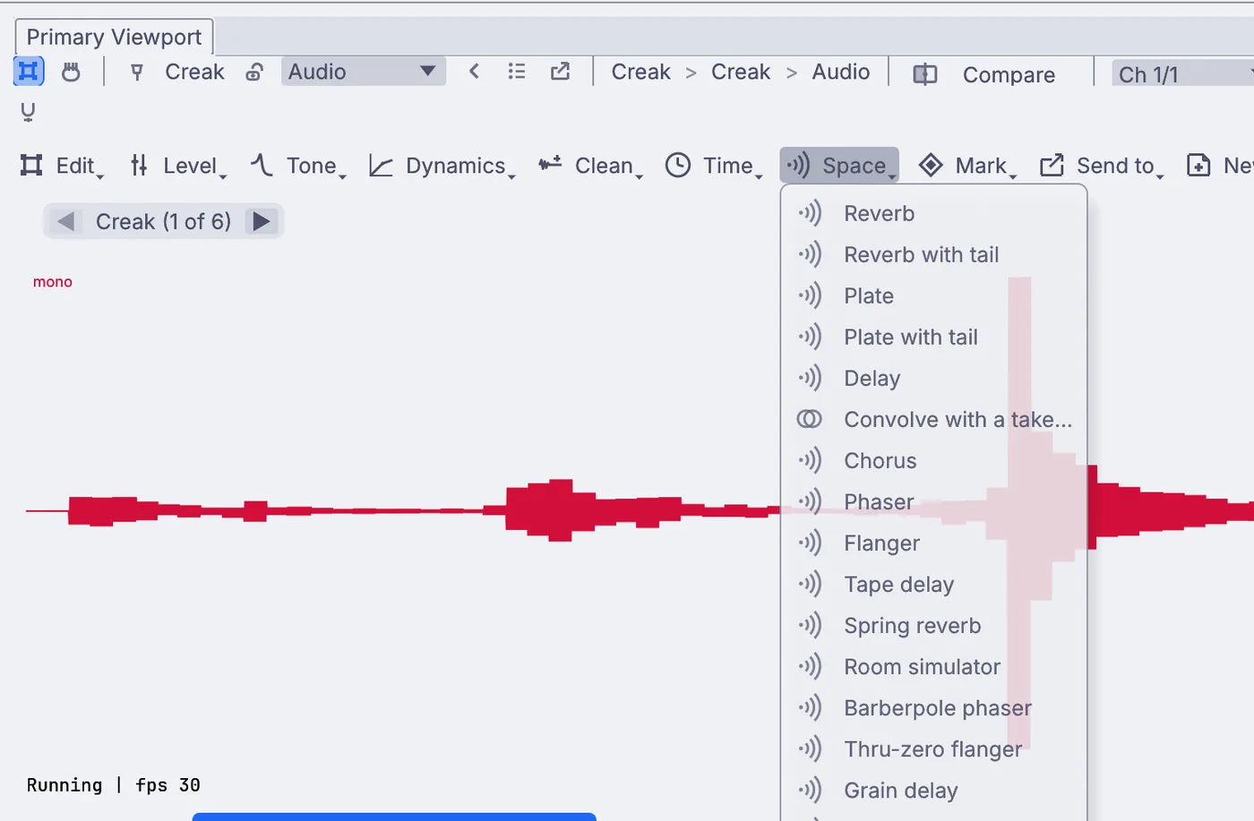 The Space menu, with Plate with tail among the reverbs and delays.