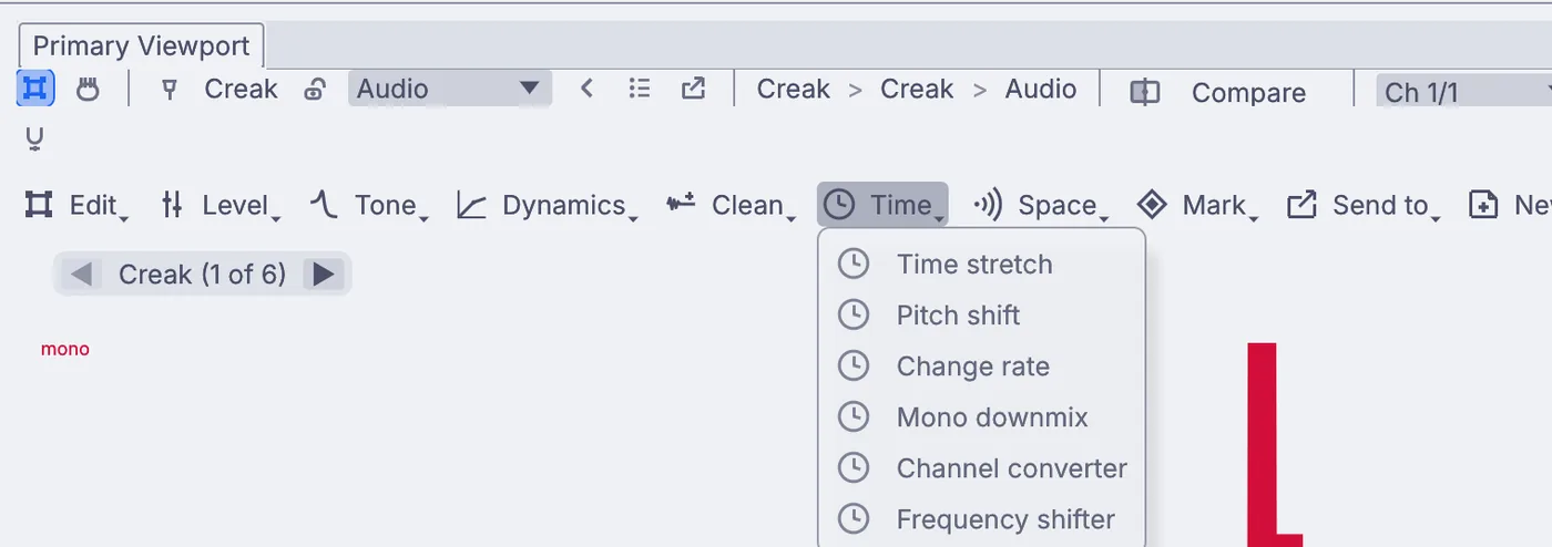 The Time menu: Time stretch, Pitch shift, Change rate and more.