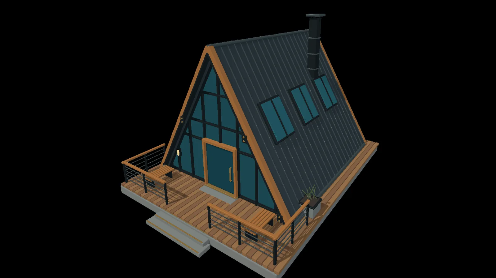 an A-frame cabin with glass, timber and a metal roof, in the viewport